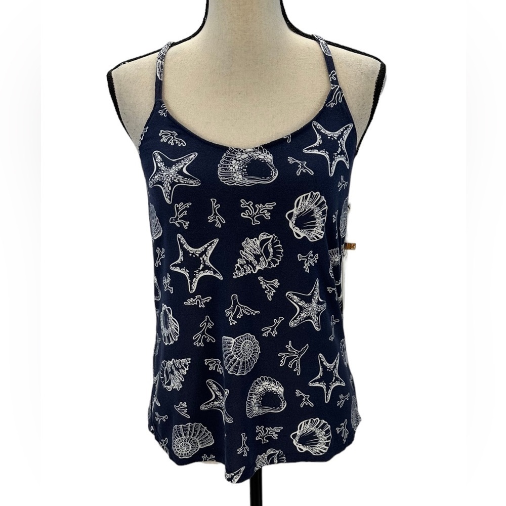 PJ Salvage Sea Shell Print Racer Back Lounge Sleep Cami Top - Navy Blue - RCSYC